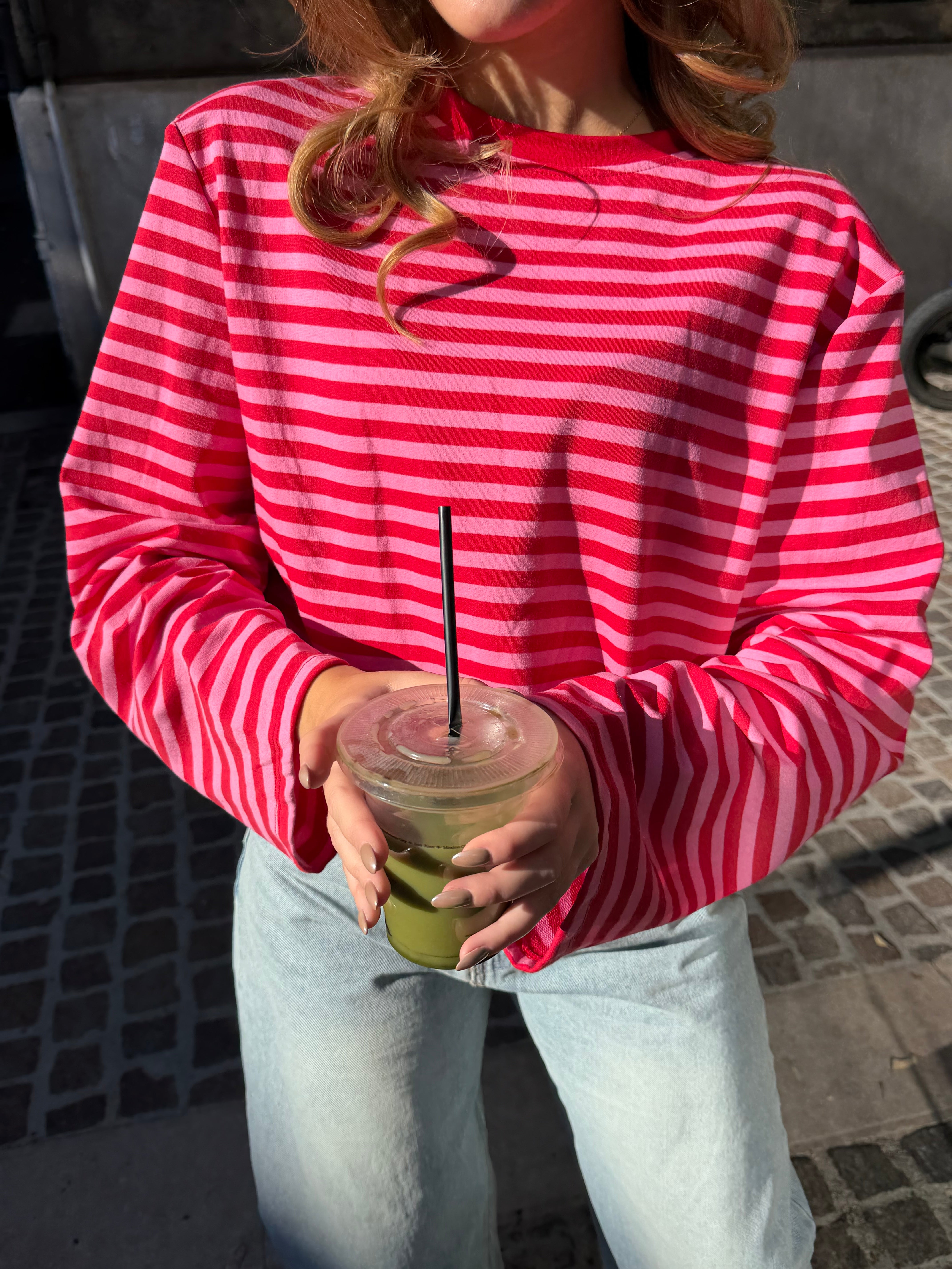 Ilona red and pink t-shirt with shoulder pads