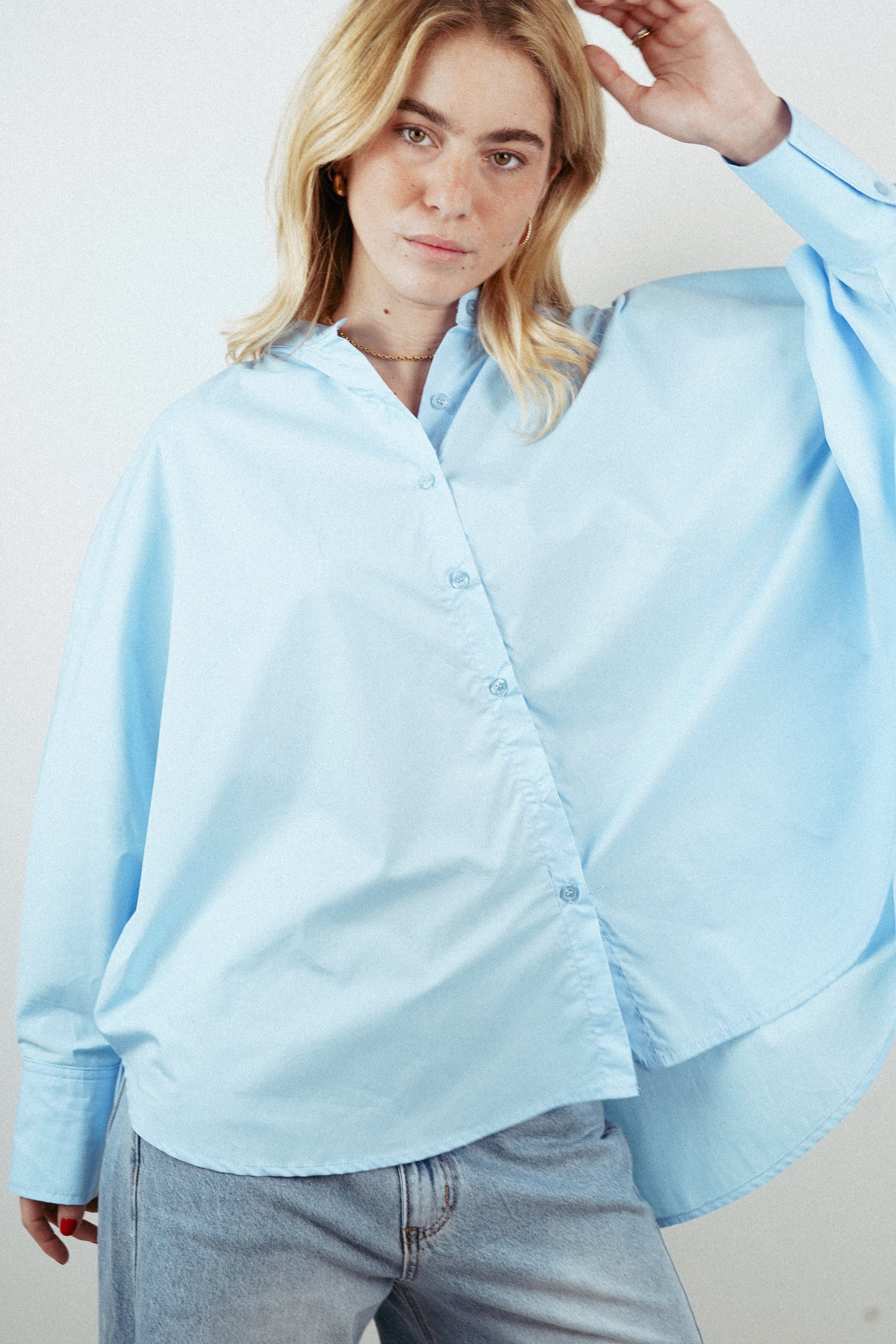 Blue batwing sleeve cotton shirt