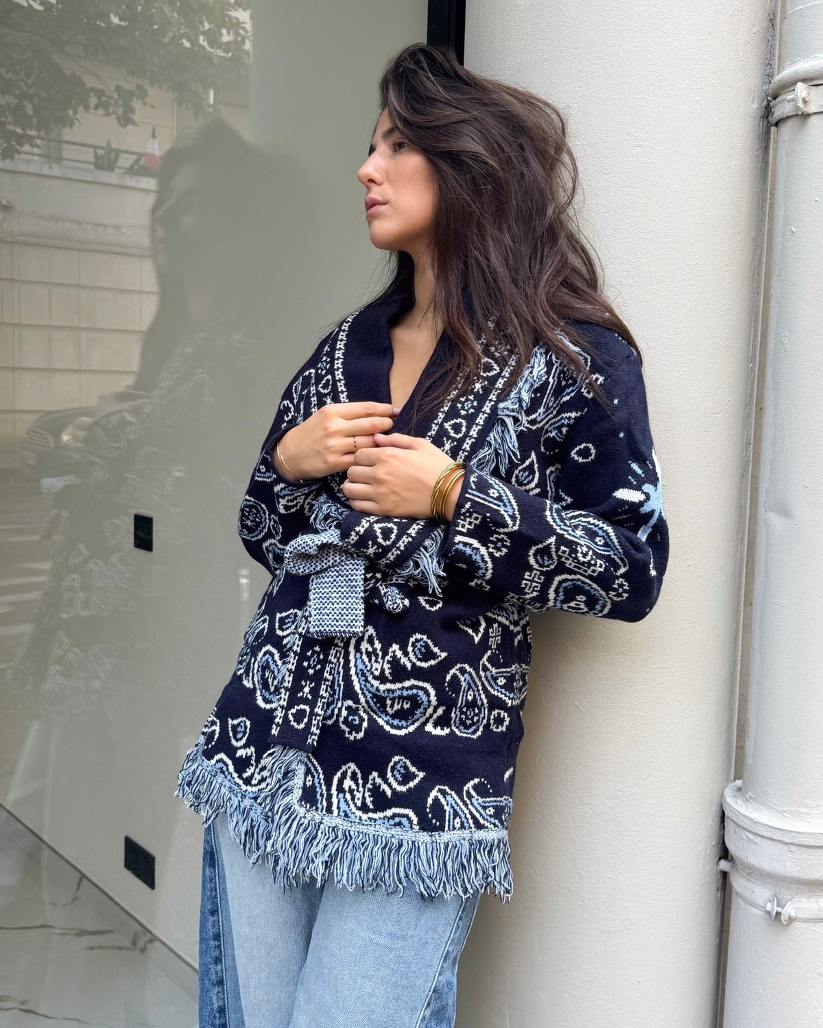 Cardigan long bandana Suzanne cachemire et laine - Bleu marine