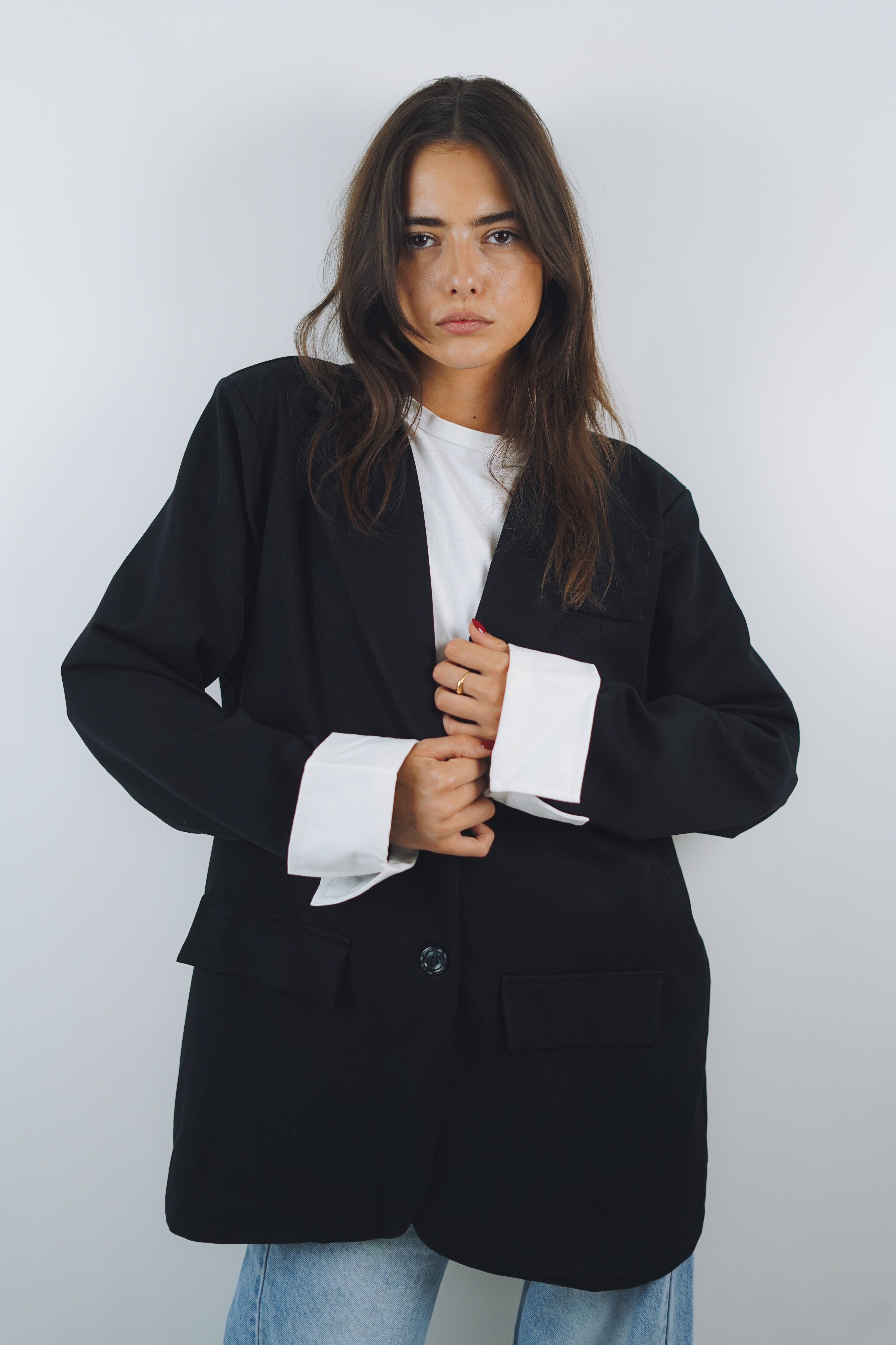 Veste de Blazer Femme Col rond Épissage Grille noir et blanc Bouton
