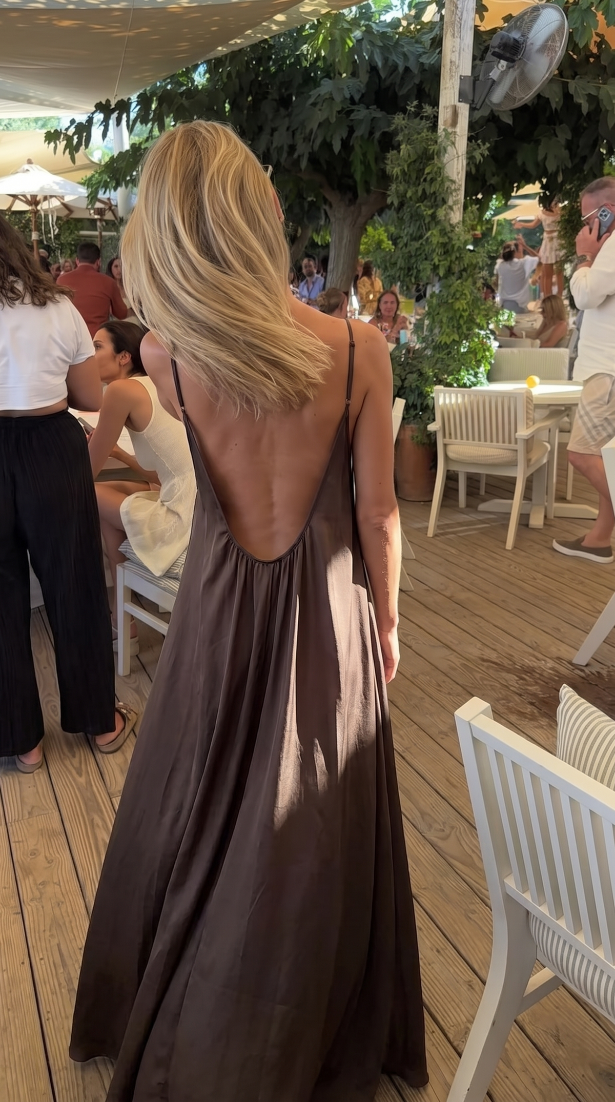 Long brown silk backless dress