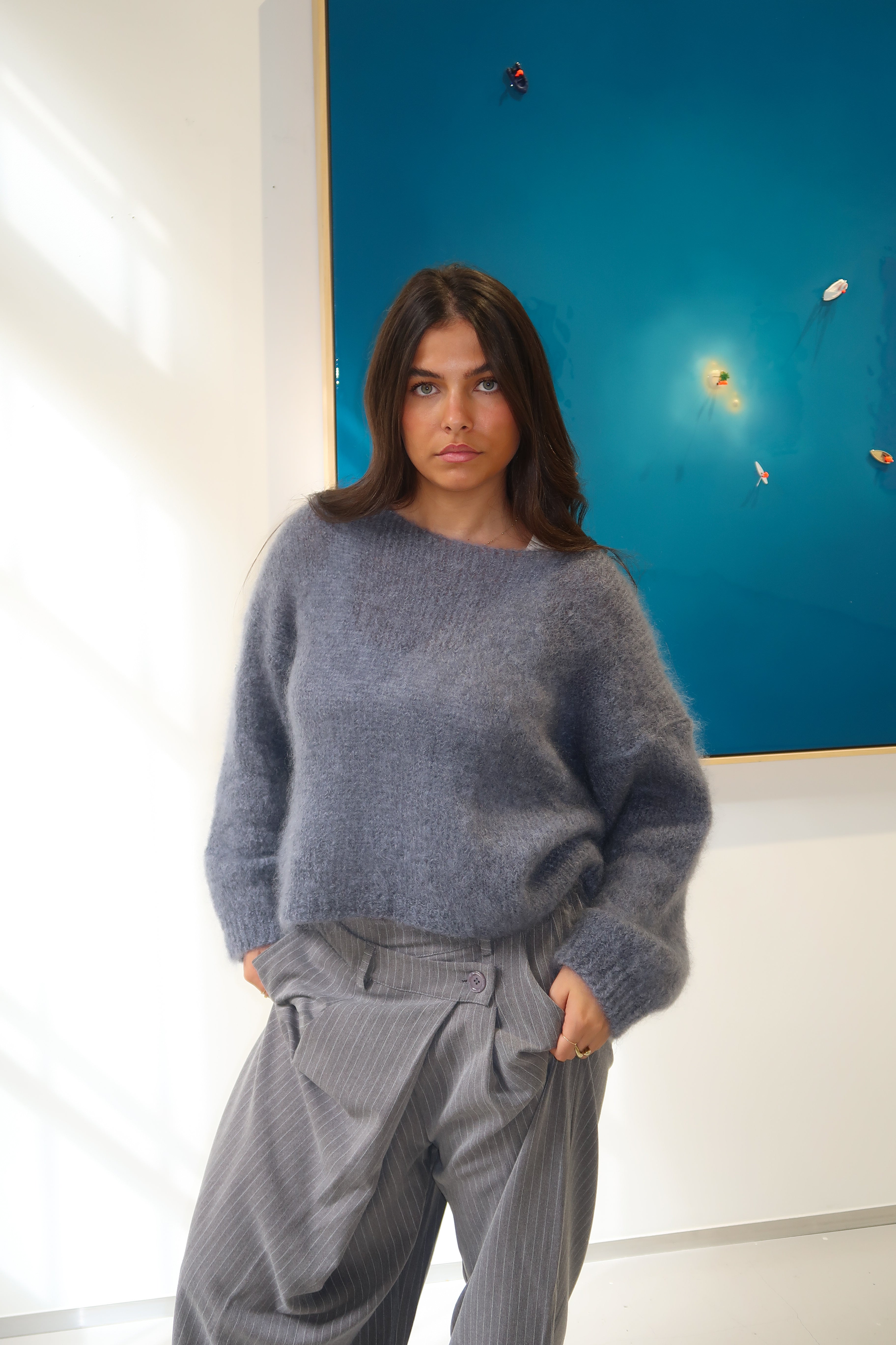 Suzy 80% Mohair Sweater, Blue/Grey