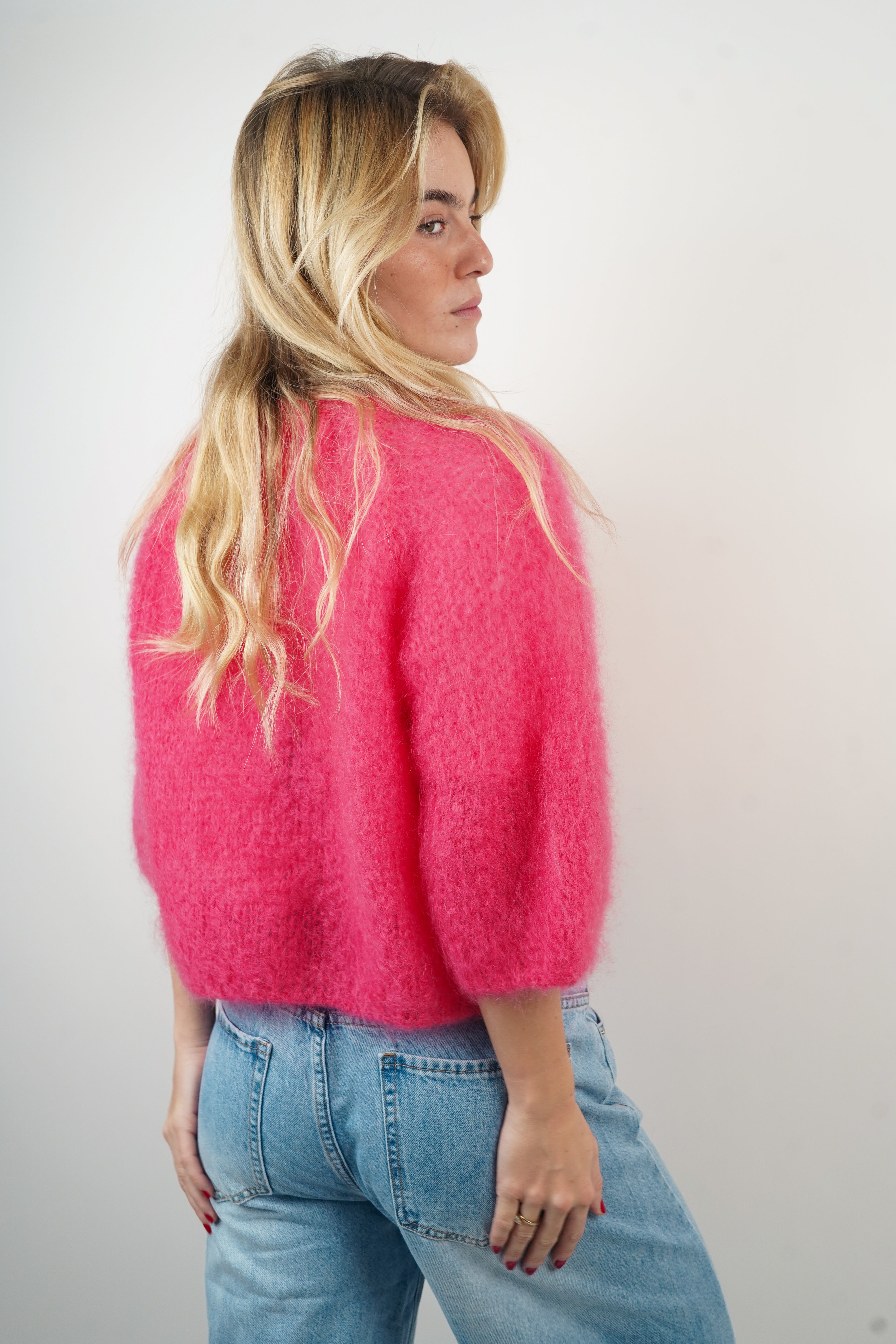 Pull manches courtes 80% mohair fuchsia