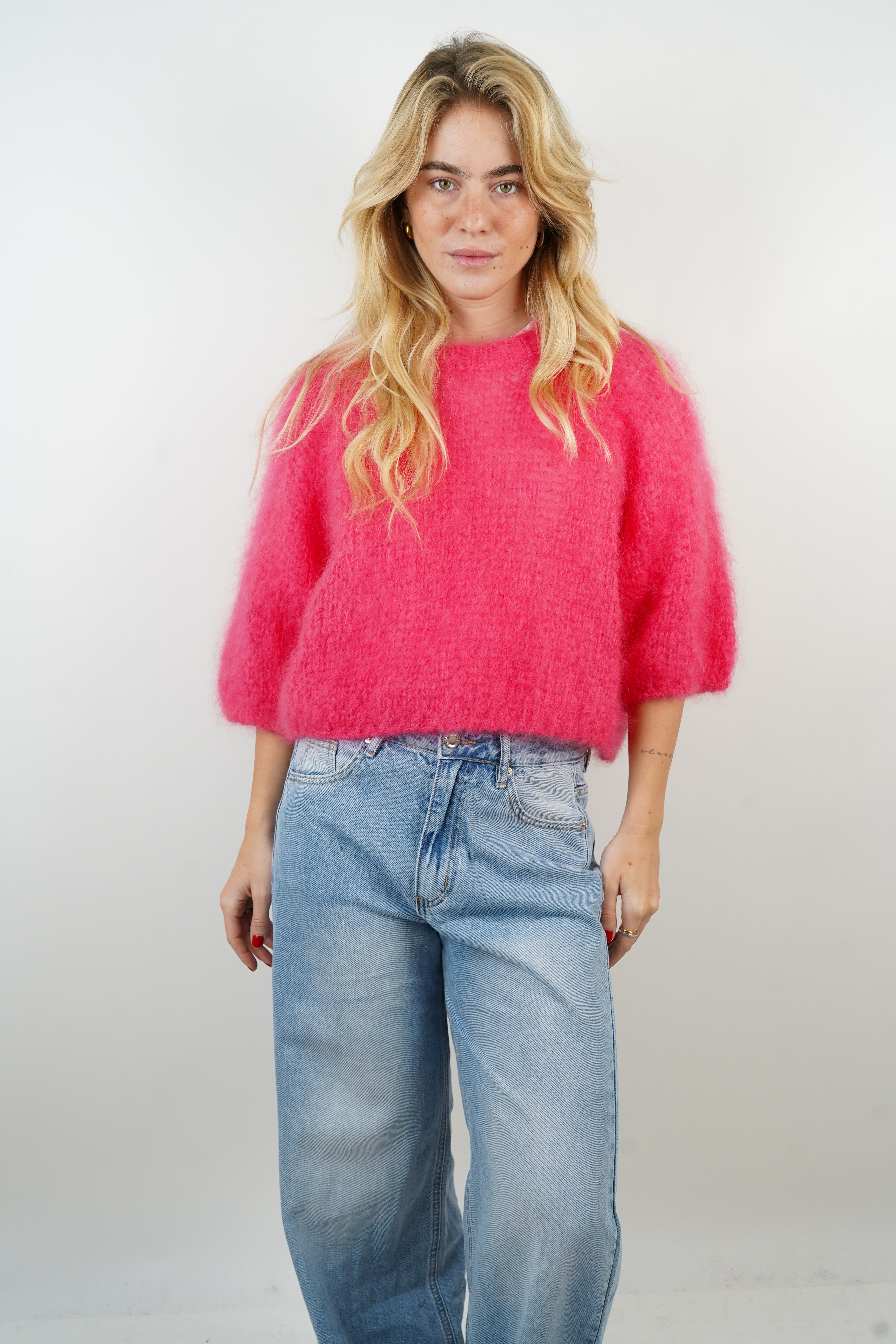 Pull manches courtes 80% mohair fuchsia