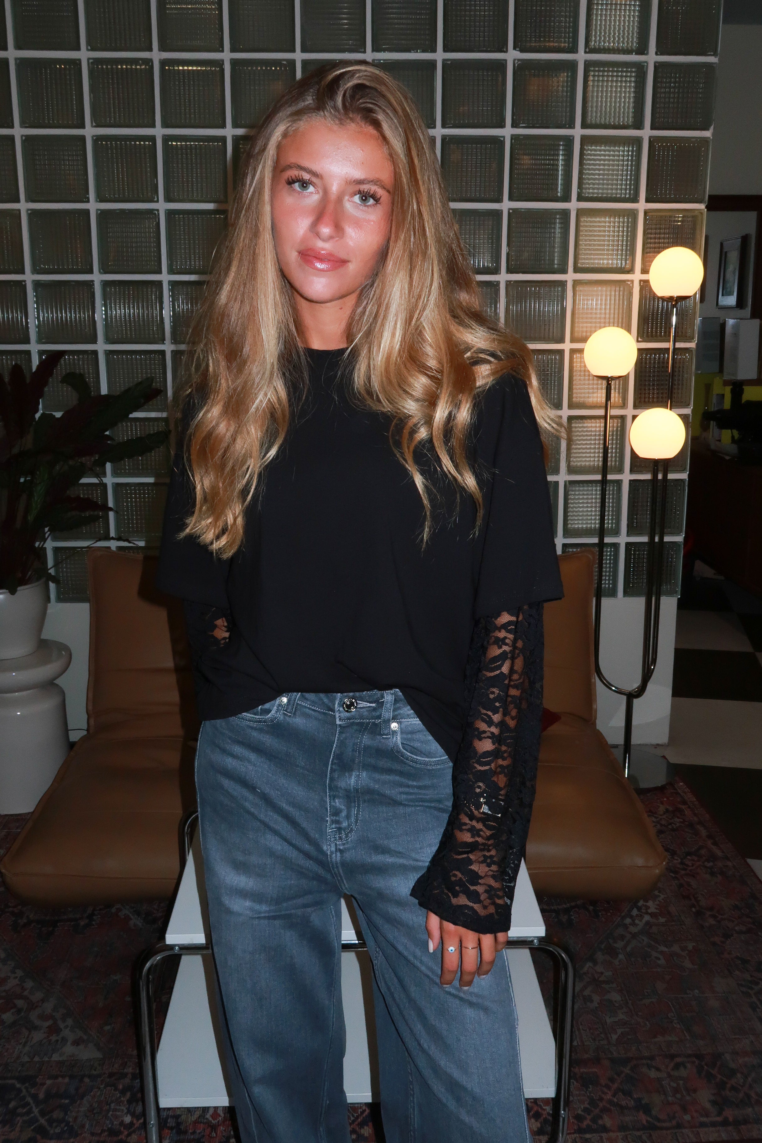 Black short sleeve t-shirt with lace details for a long sleeve effect
