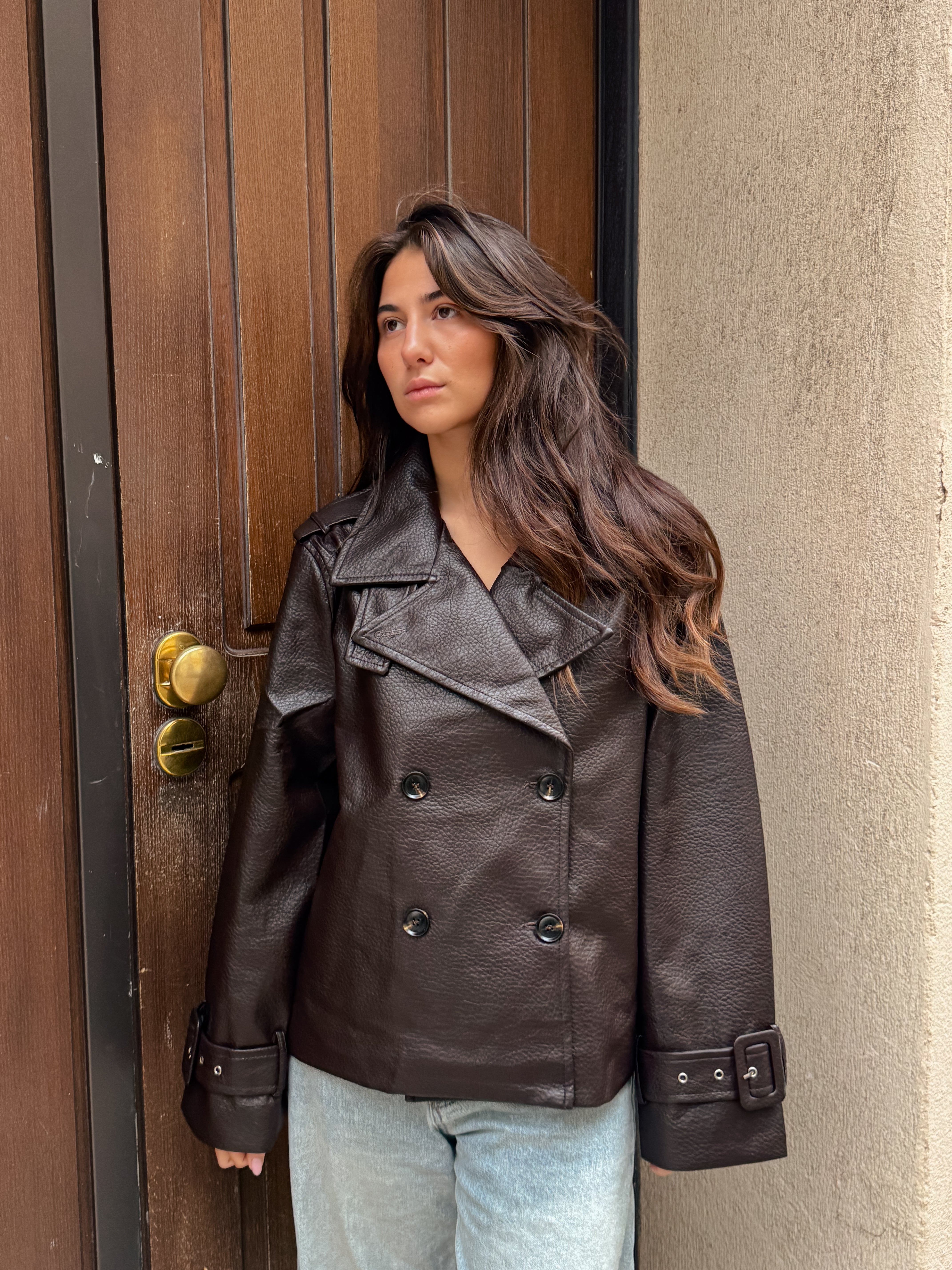 Brown oversized faux leather short trench-style jacket