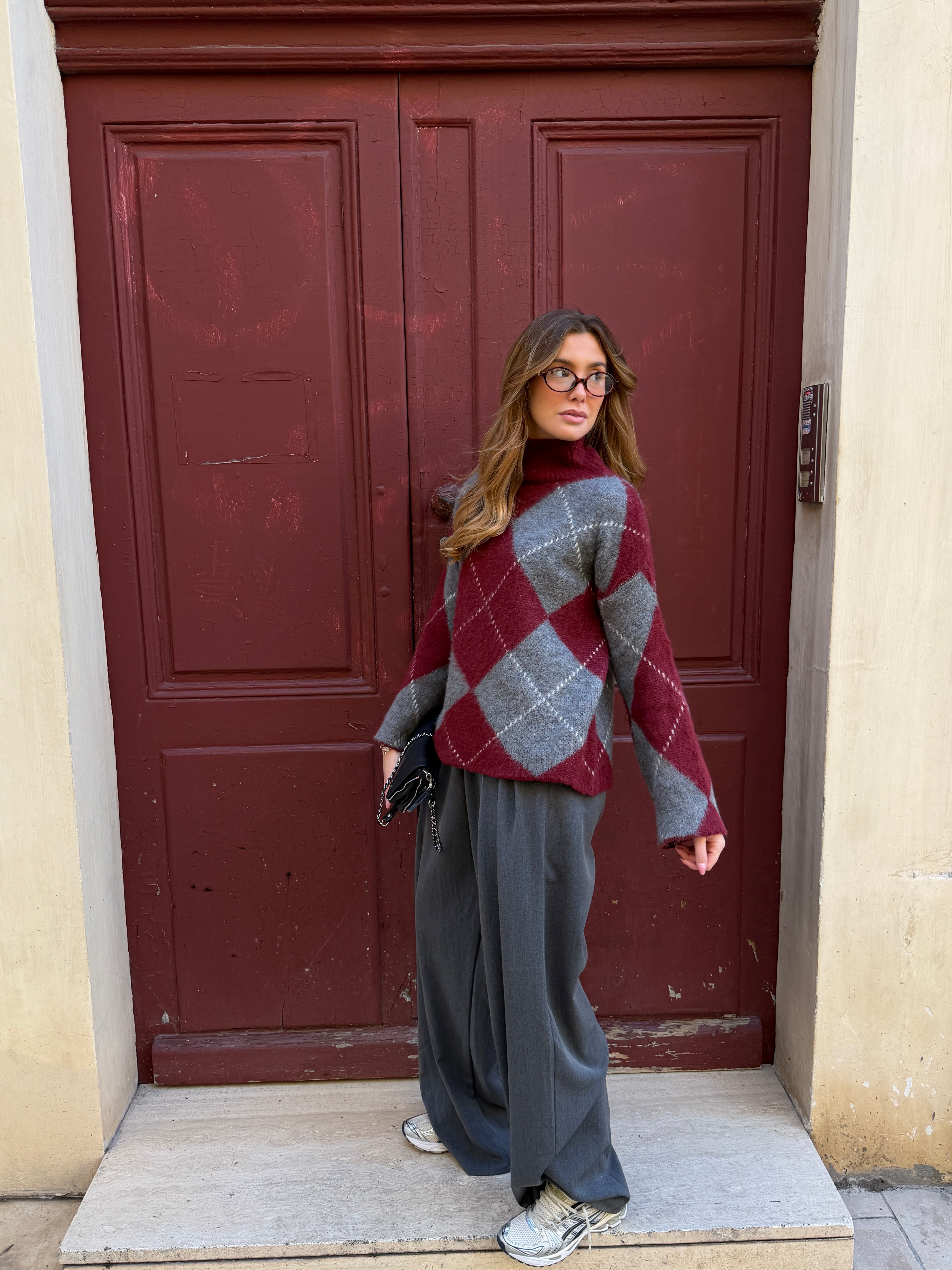 Candice-Pullover in Burgunderrot und Grau