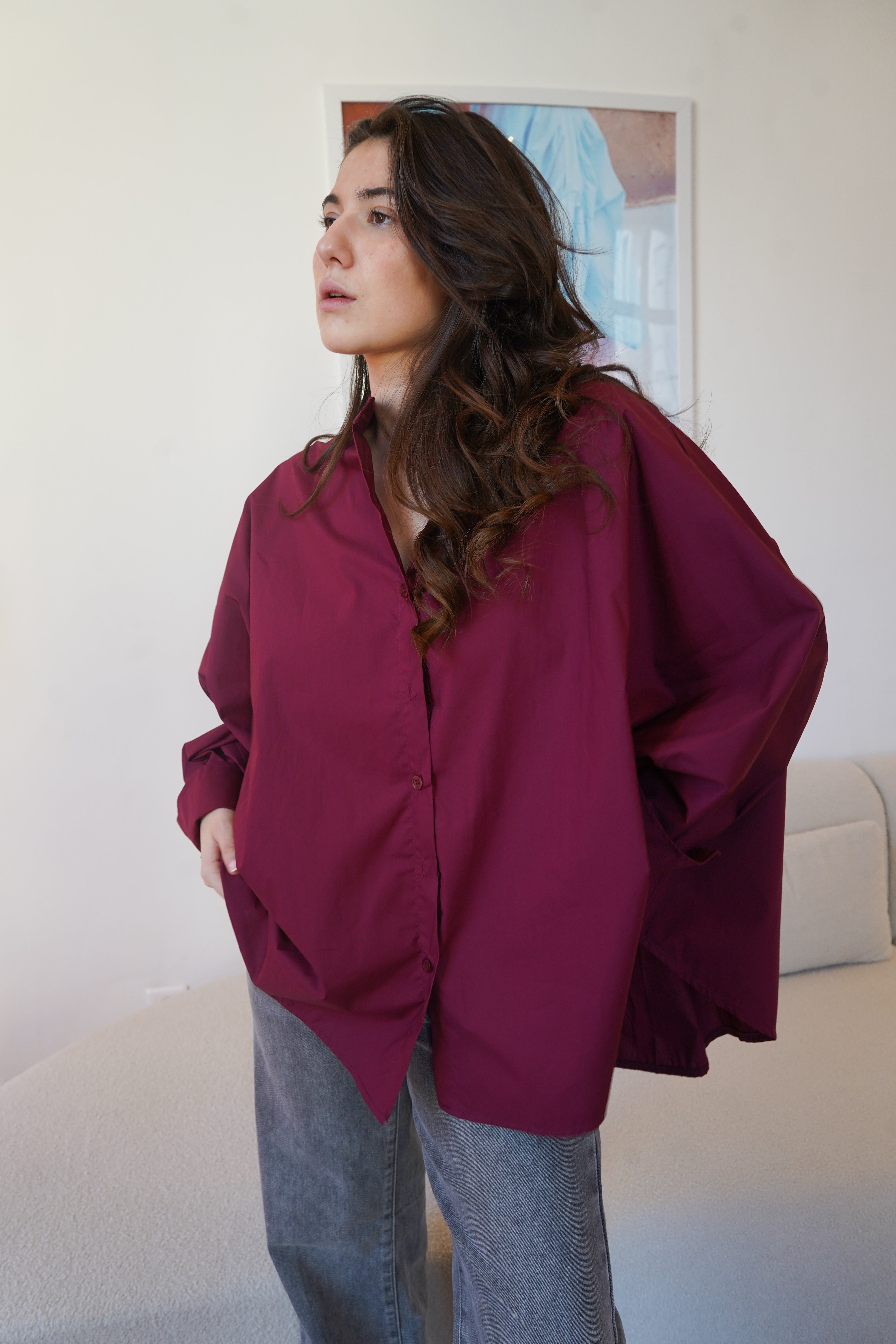 Burgundy batwing sleeve cotton shirt