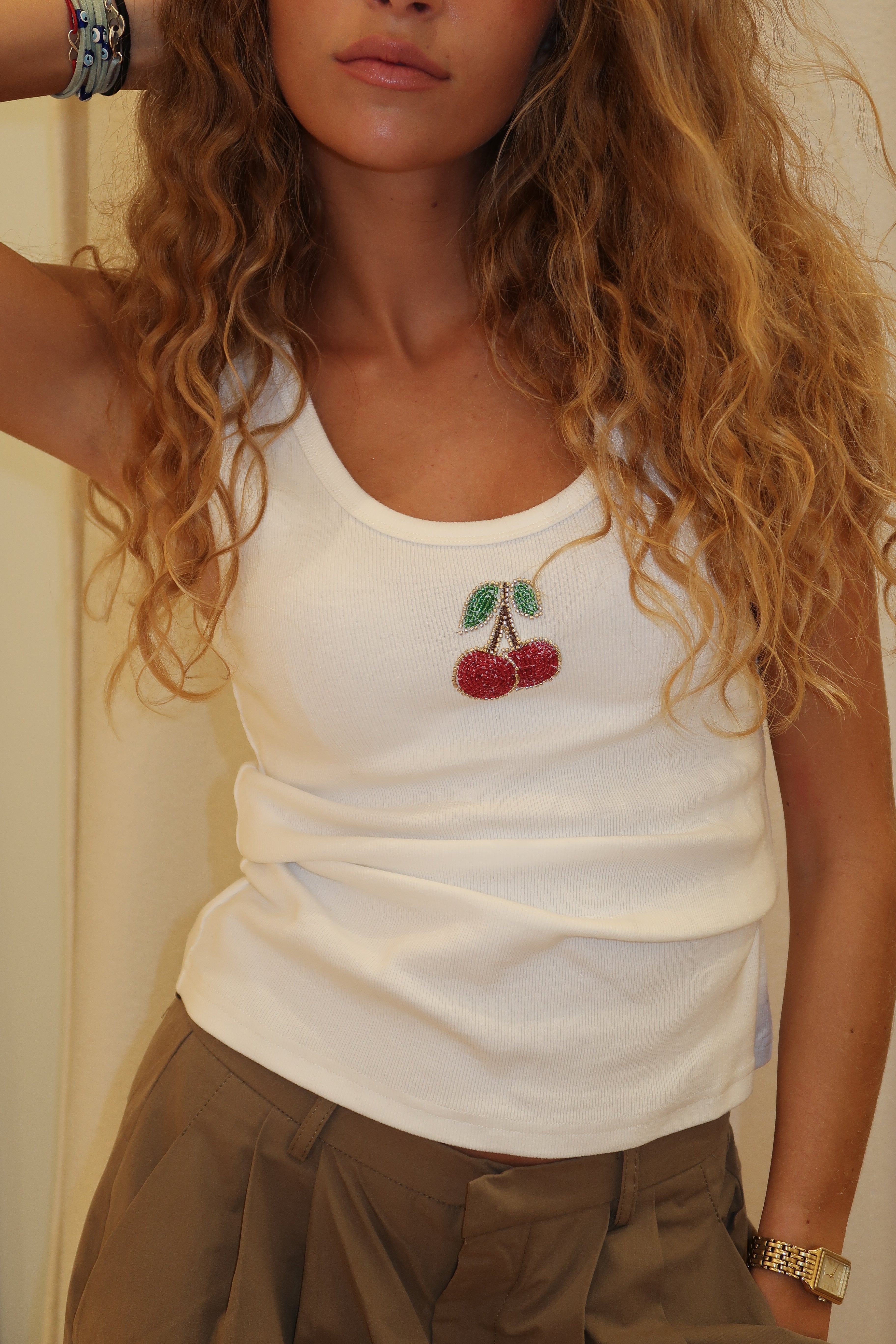 Amber tank top with cherry pattern