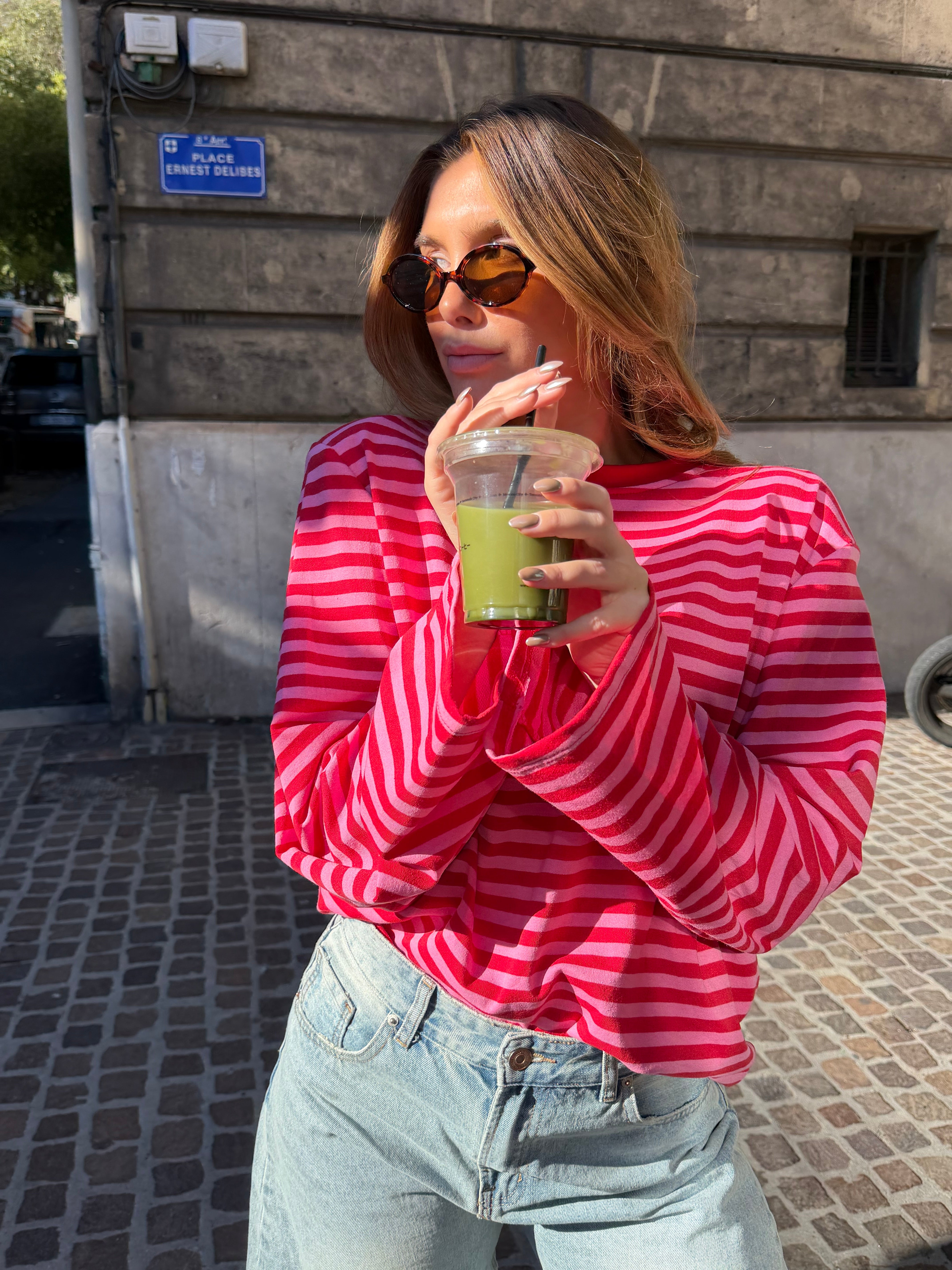 Ilona red and pink t-shirt with shoulder pads