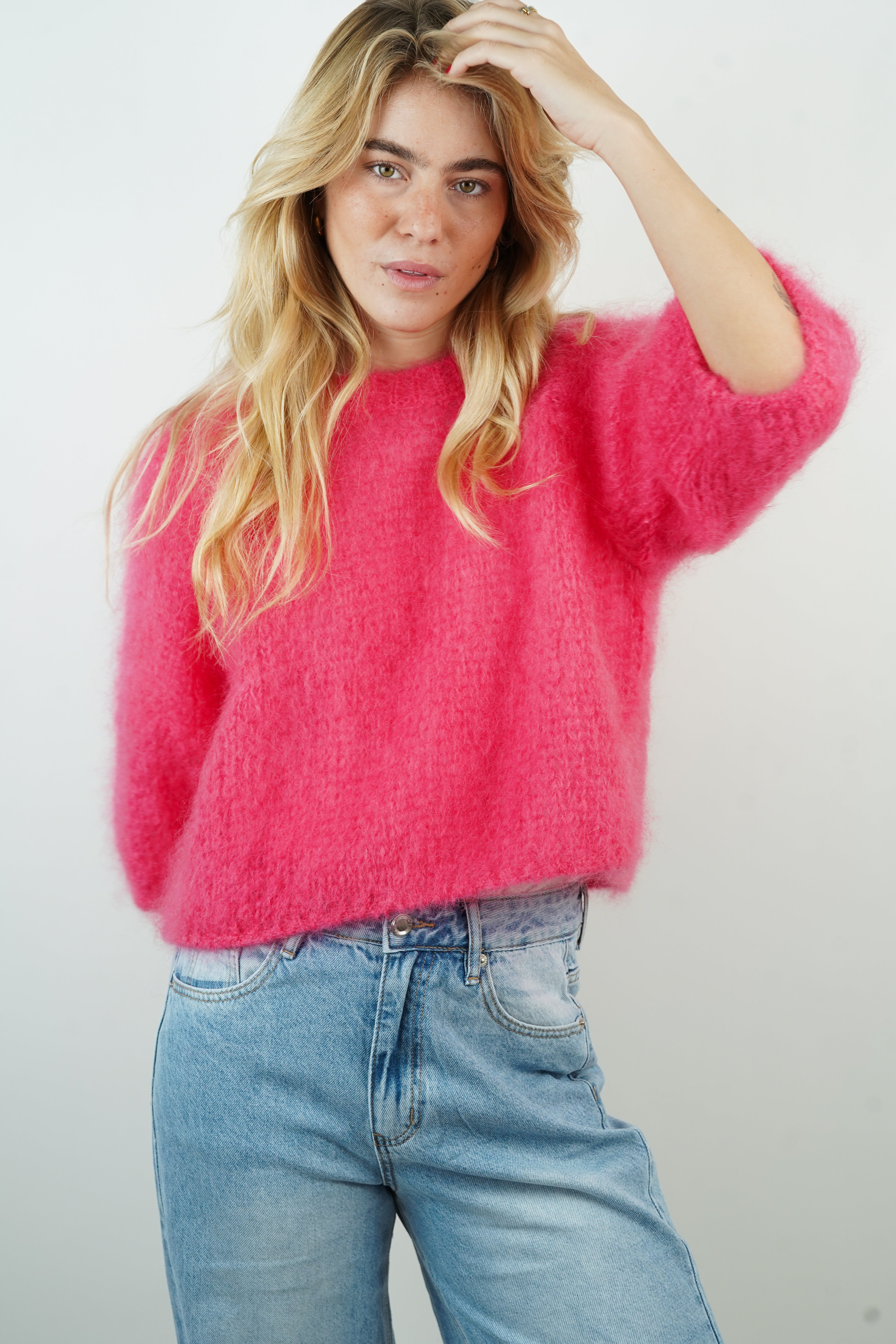 Pull manches courtes 80% mohair fuchsia