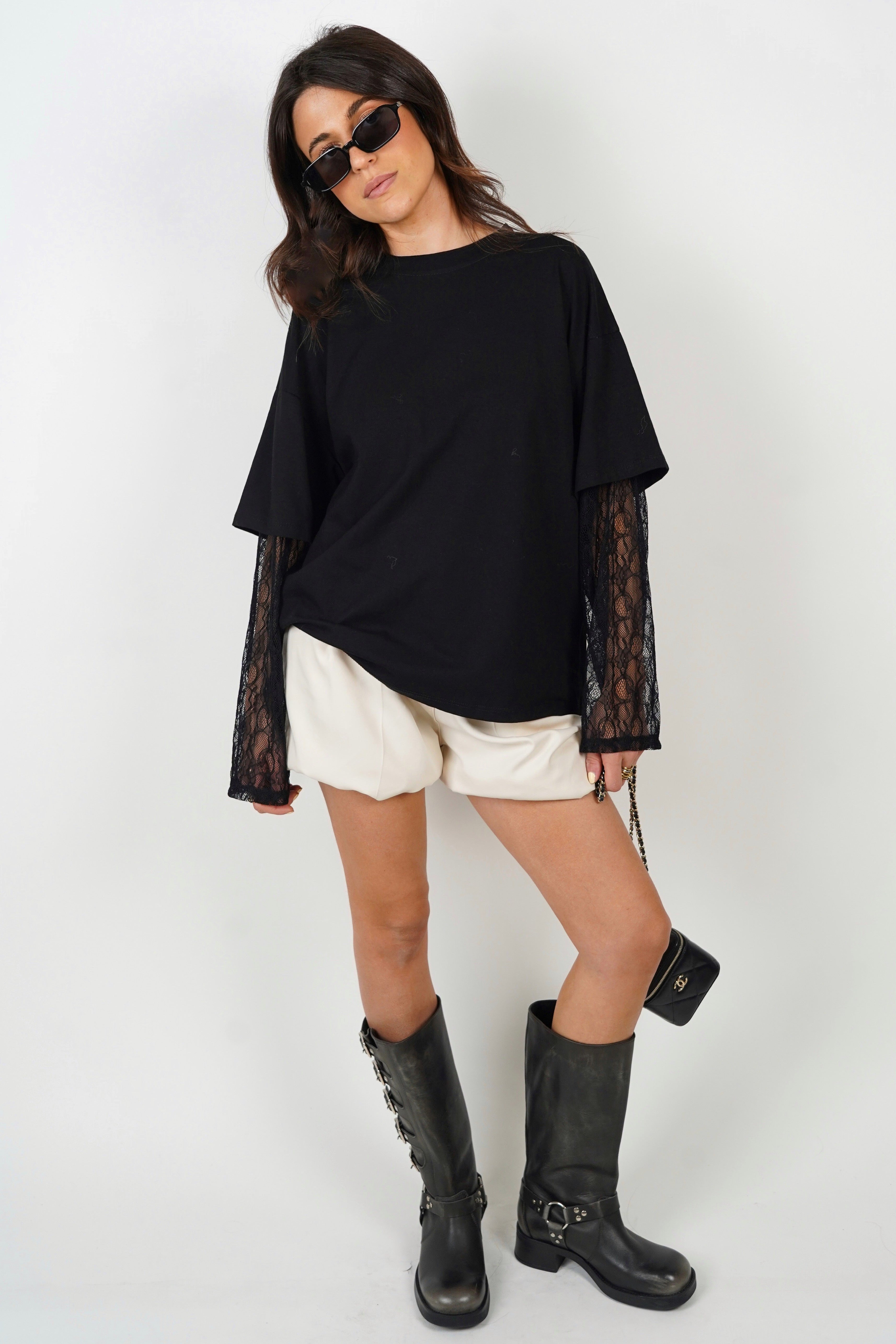 Black short sleeve t-shirt with lace details for a long sleeve effect