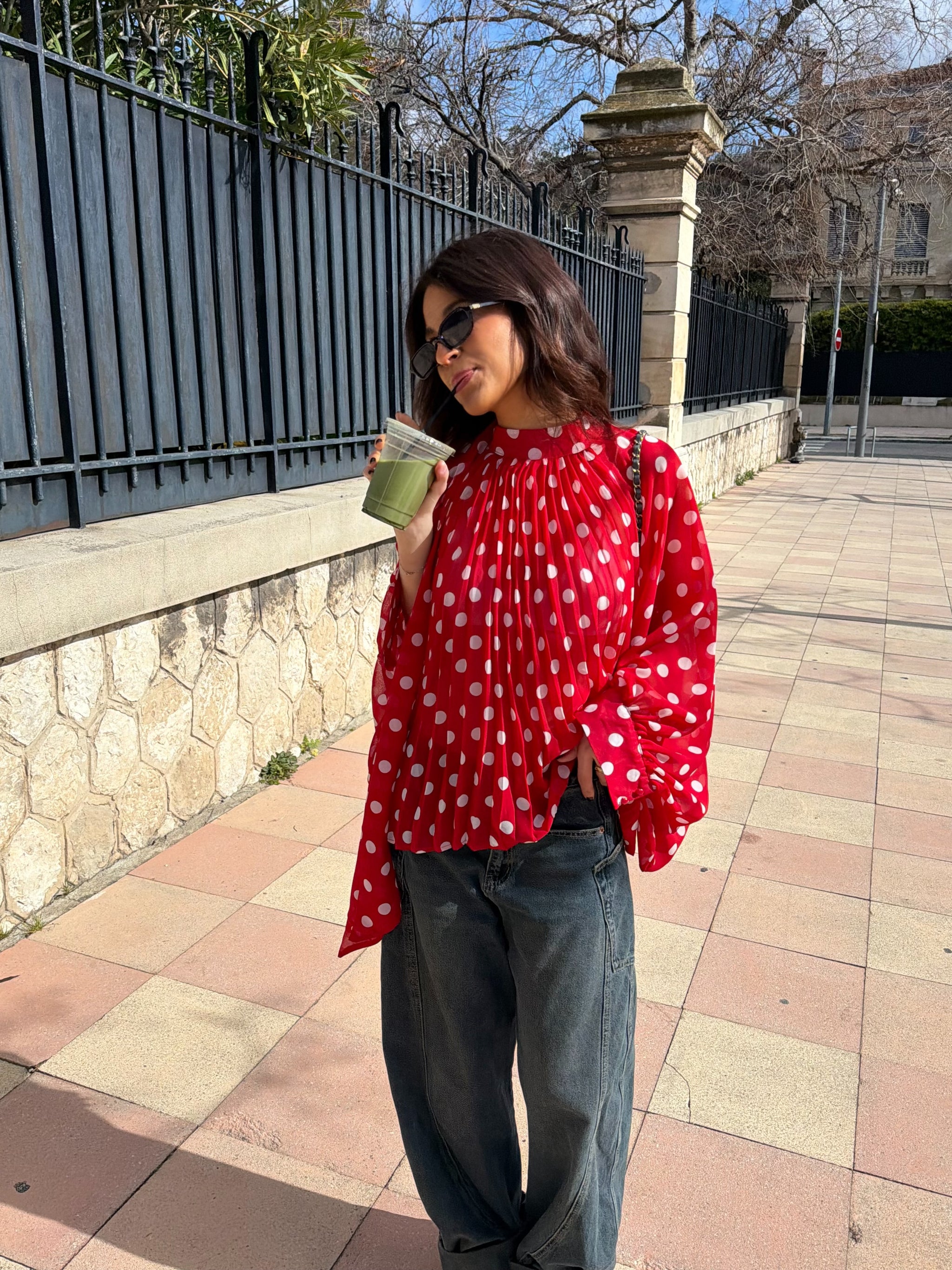 White and brown oversized blouse with polka dots, pleated effect, and ...