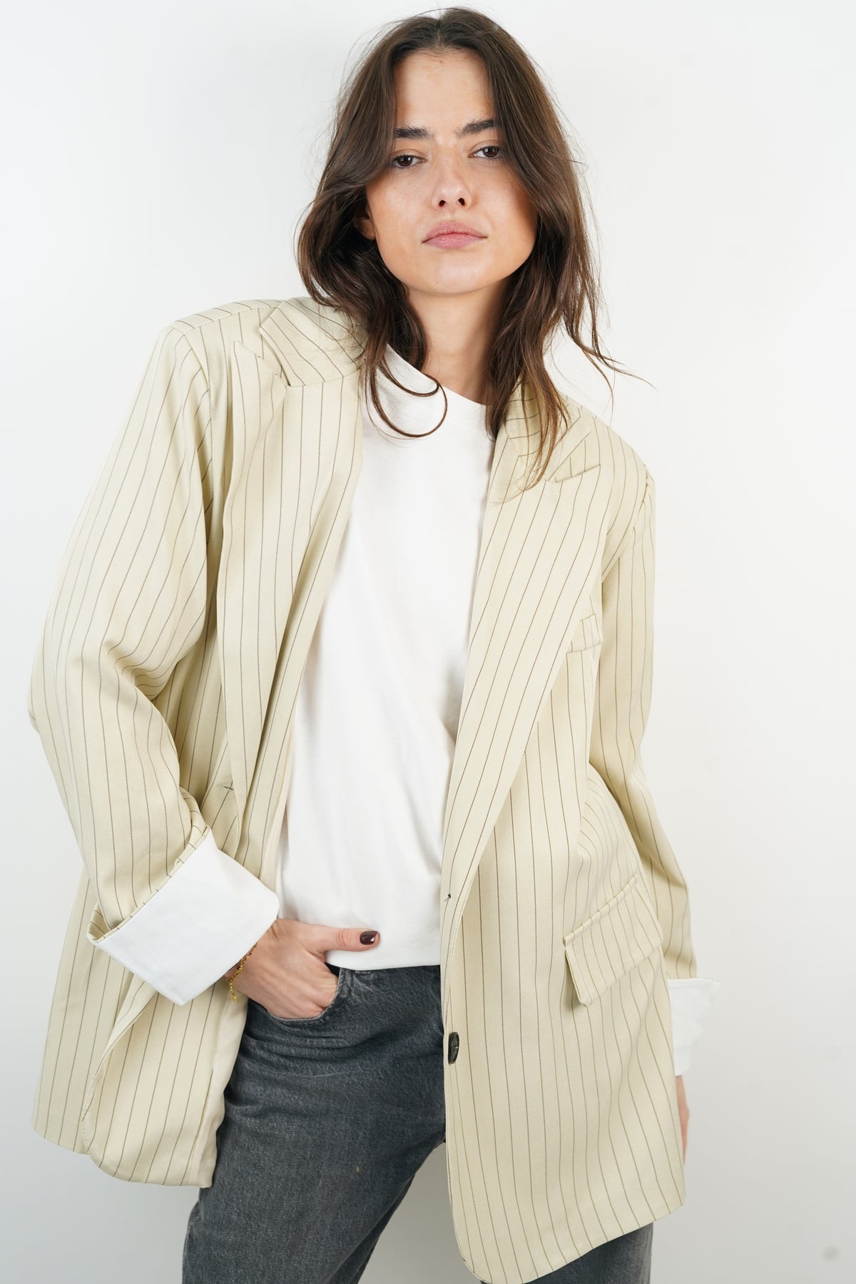 Chemisier Rayé Beige UN JOUR AILLEURS Taille 46FR (18UK) - Manches 3/4, Coton/polyester - Occasion Très Bon état