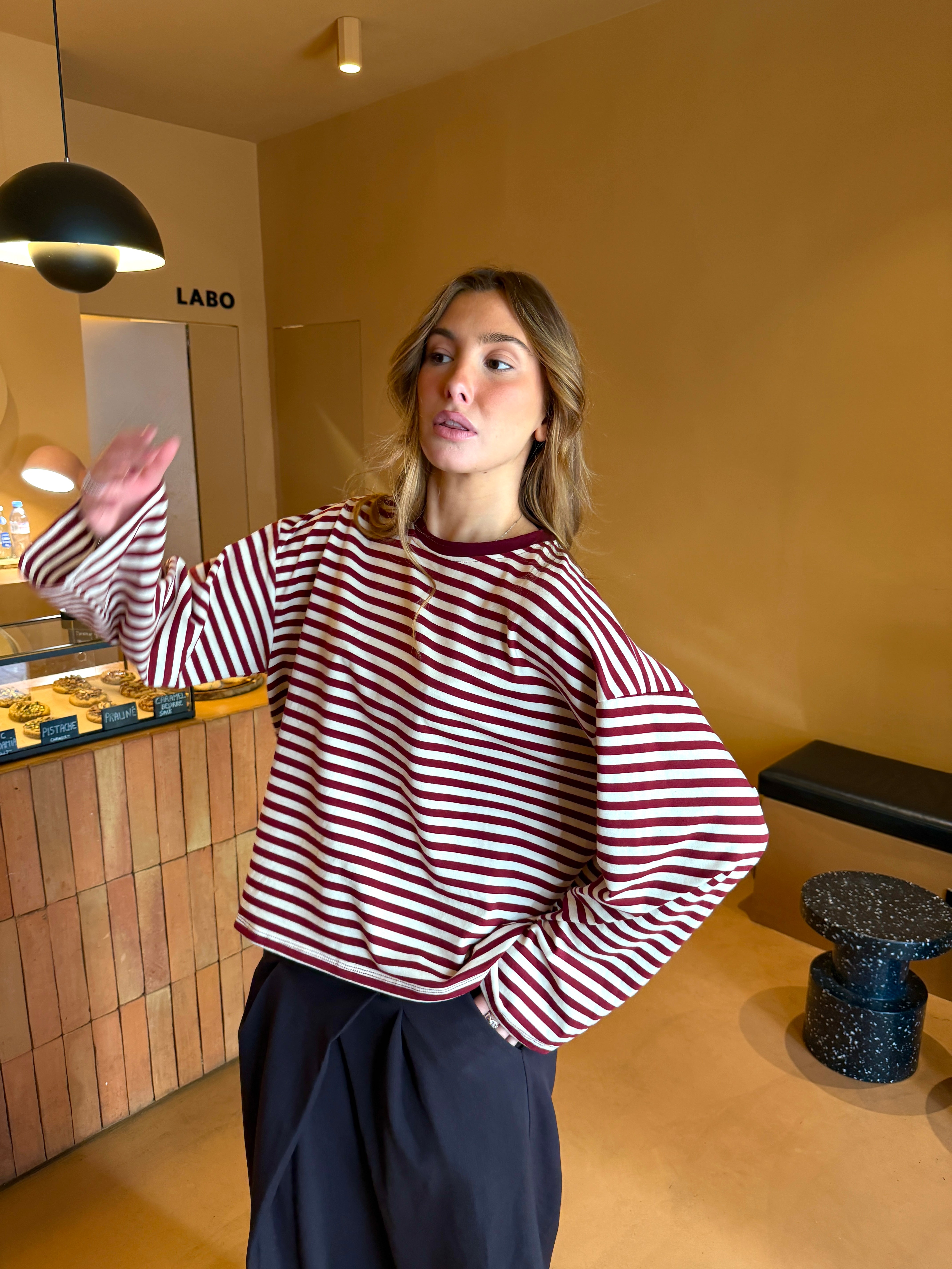 Oceane cream and burgundy t-shirt