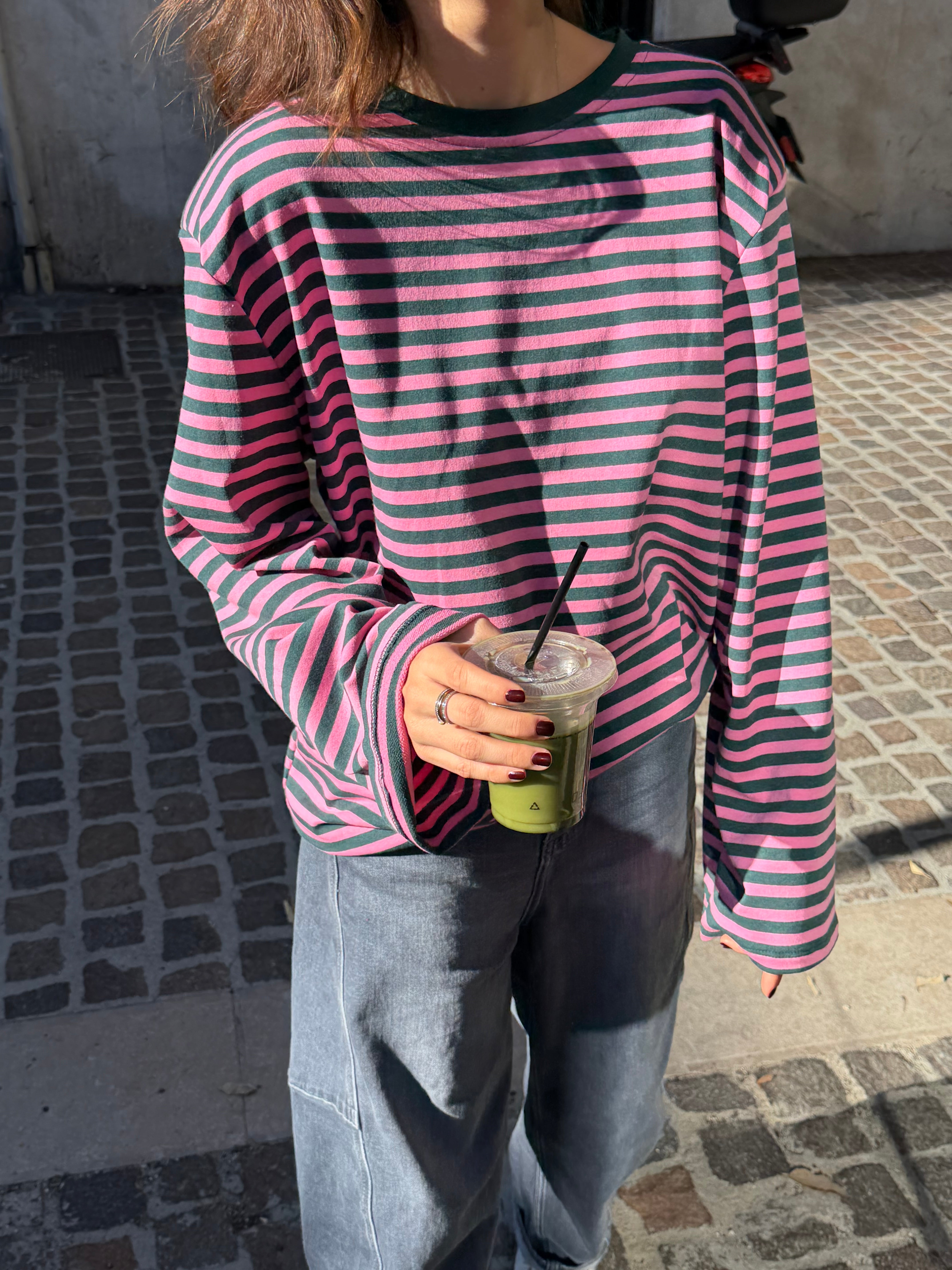 Ilona green and pink t-shirt with shoulder pads