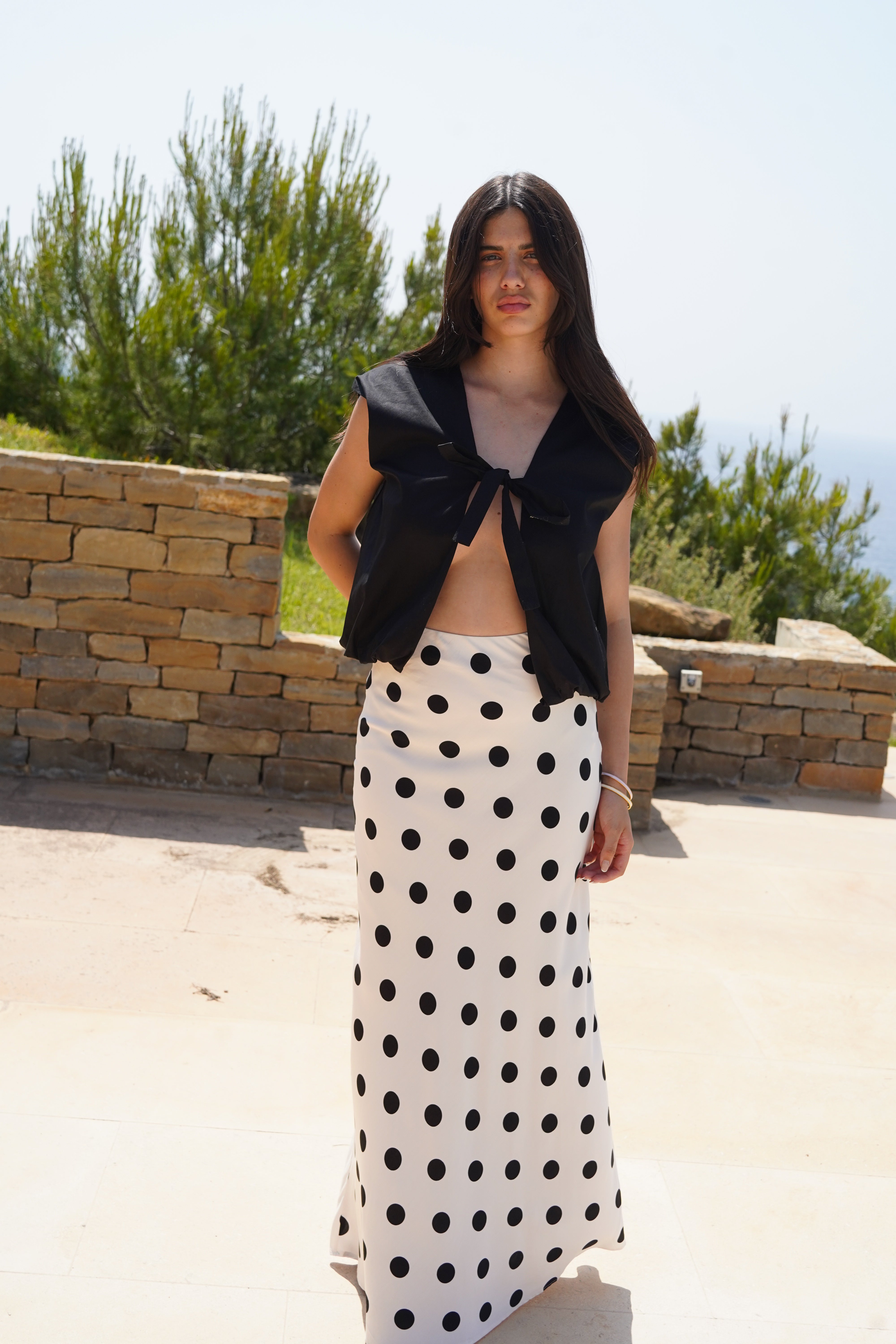 Long white polka dot skirt