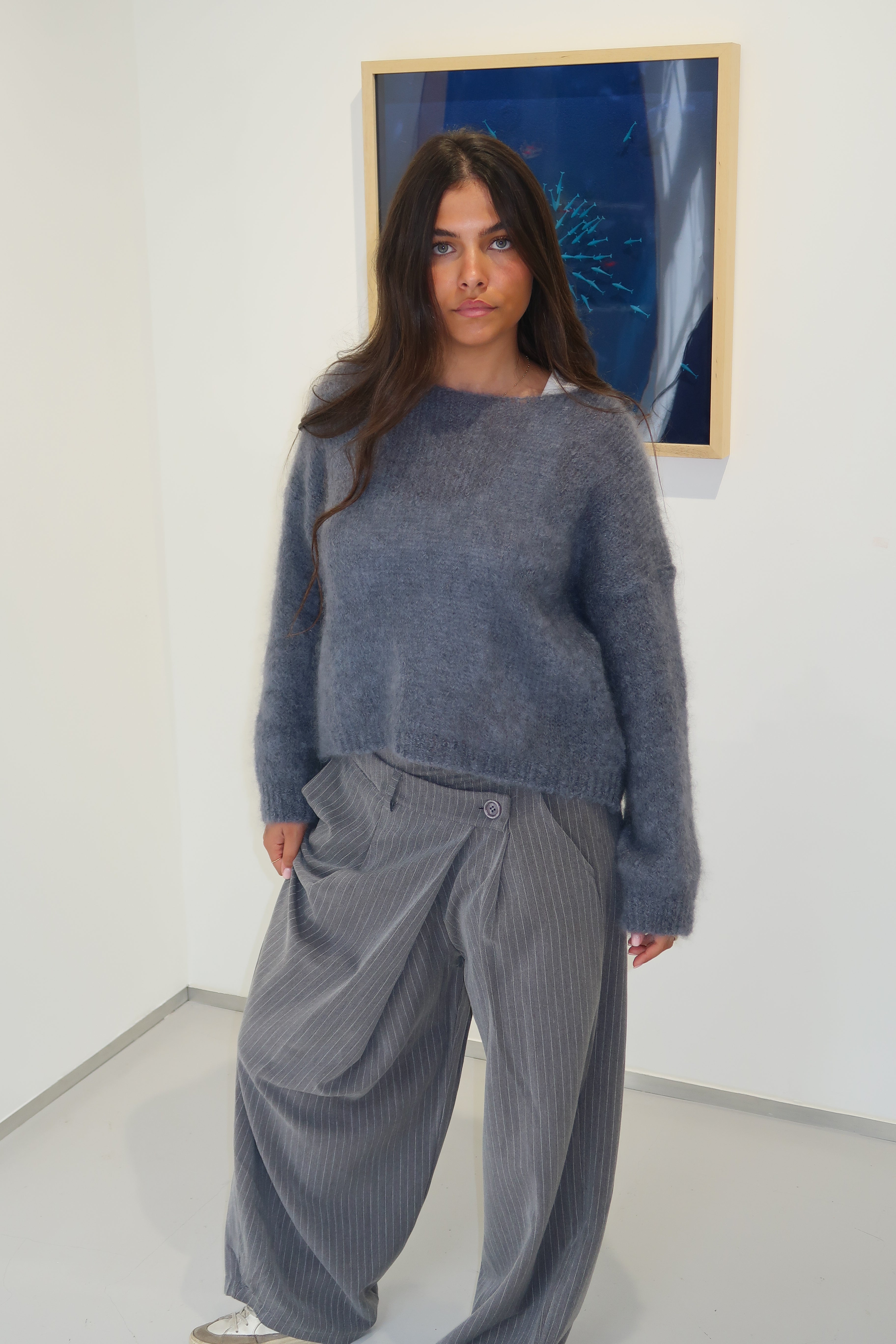Suzy 80% Mohair Sweater, Blue/Grey