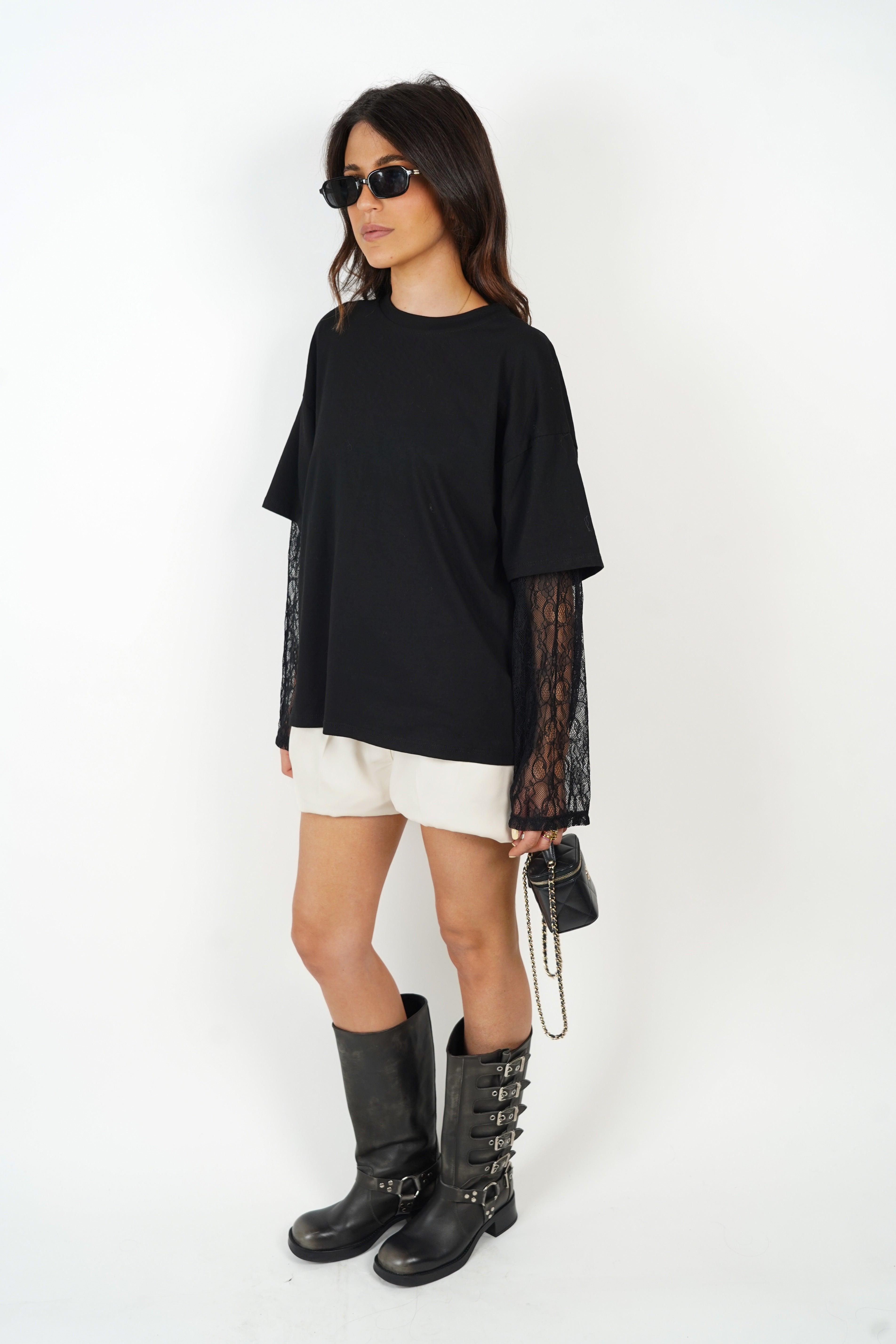 Black short sleeve t-shirt with lace details for a long sleeve effect