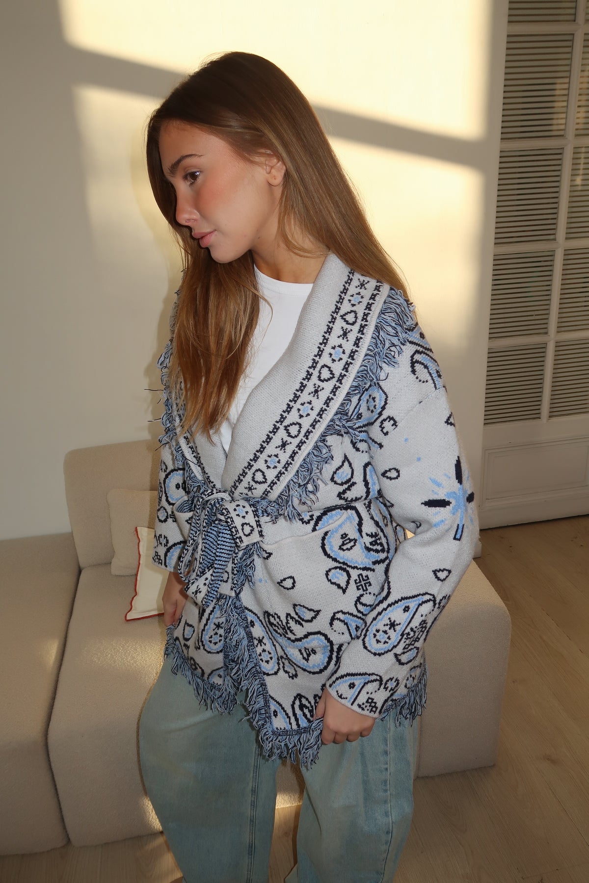 Cárdigan largo Suzanne con estampado bandana, mezcla de cachemira y lana - Gris y azul