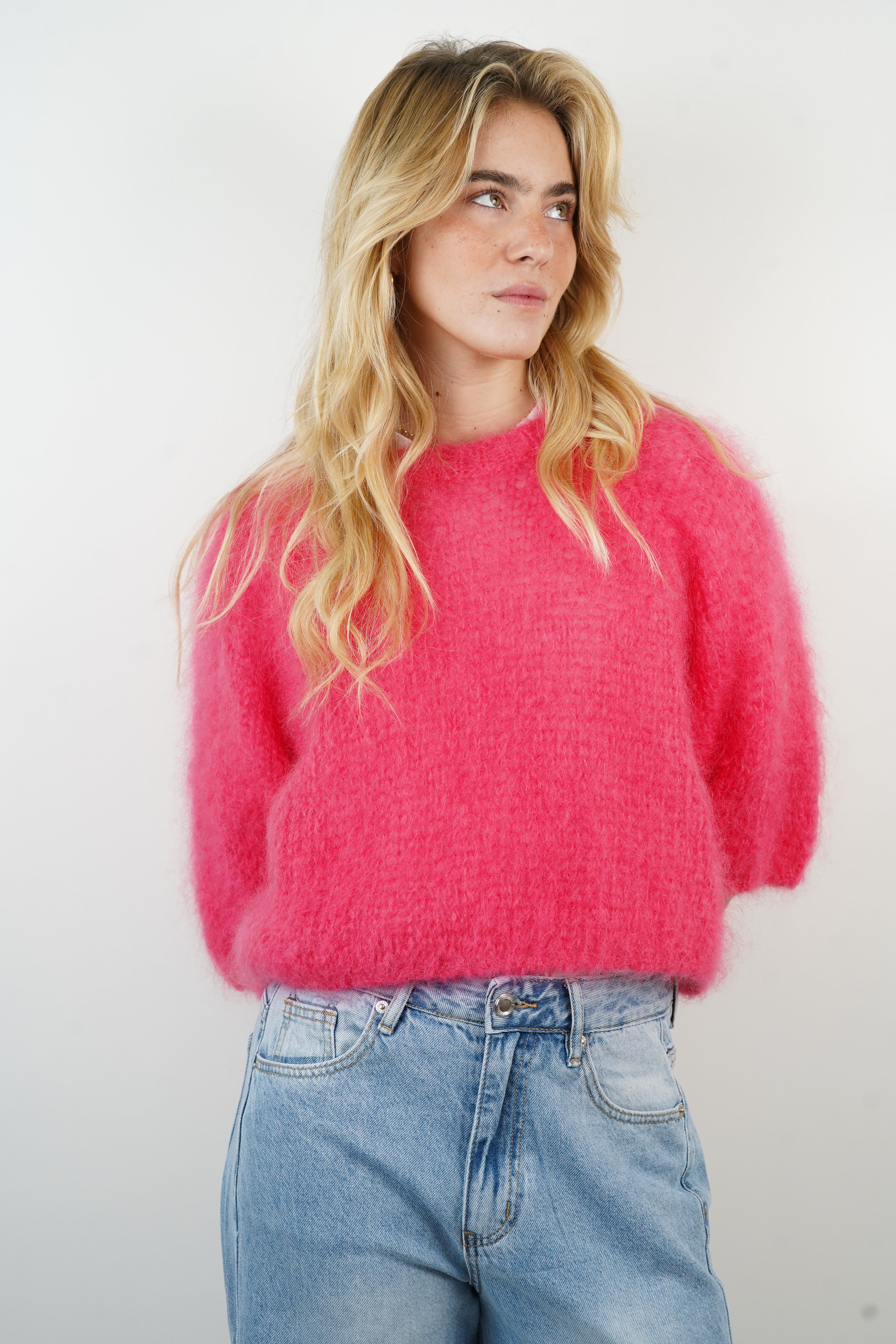 Pull manches courtes 80% mohair fuchsia