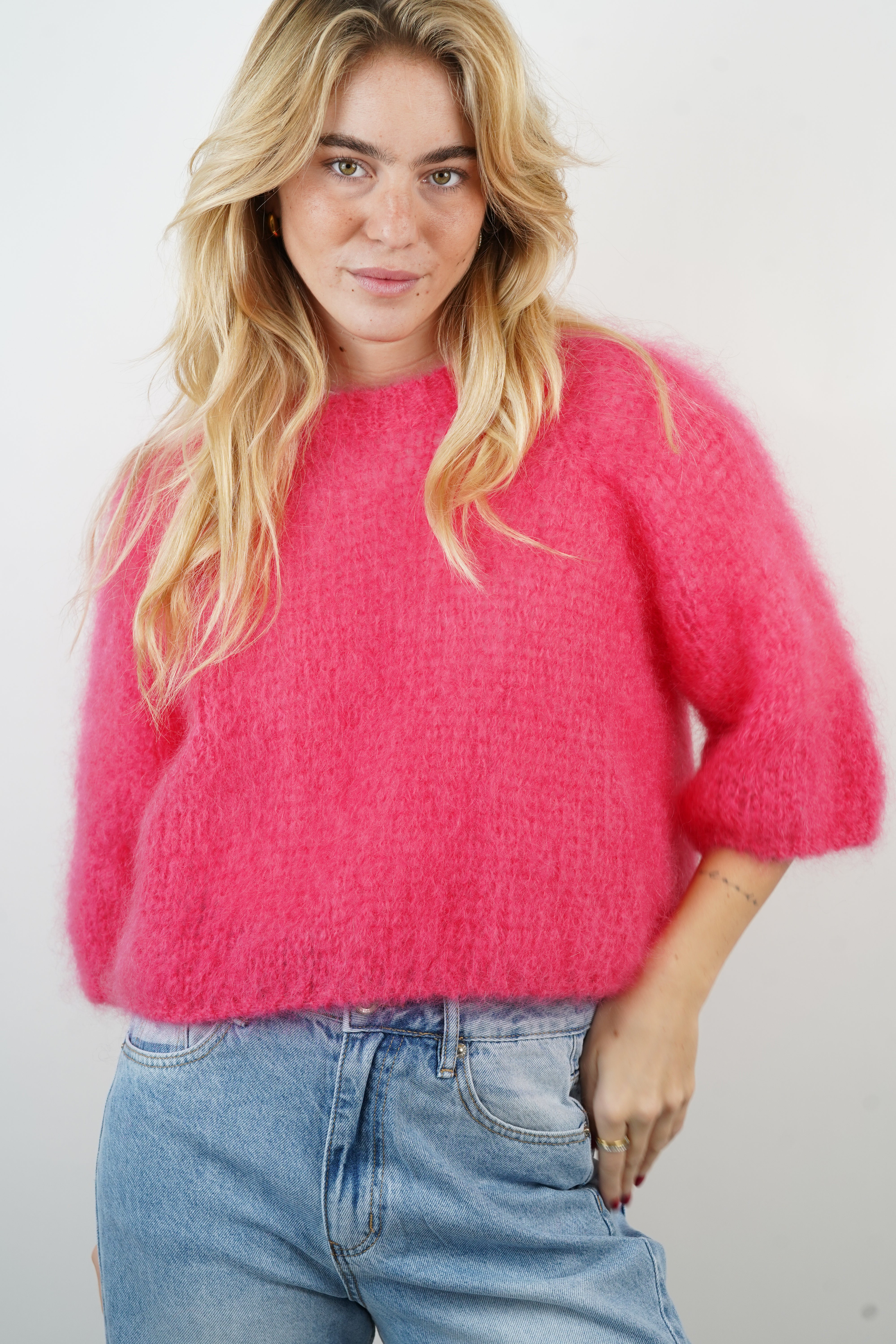 Pull manches courtes 80% mohair fuchsia