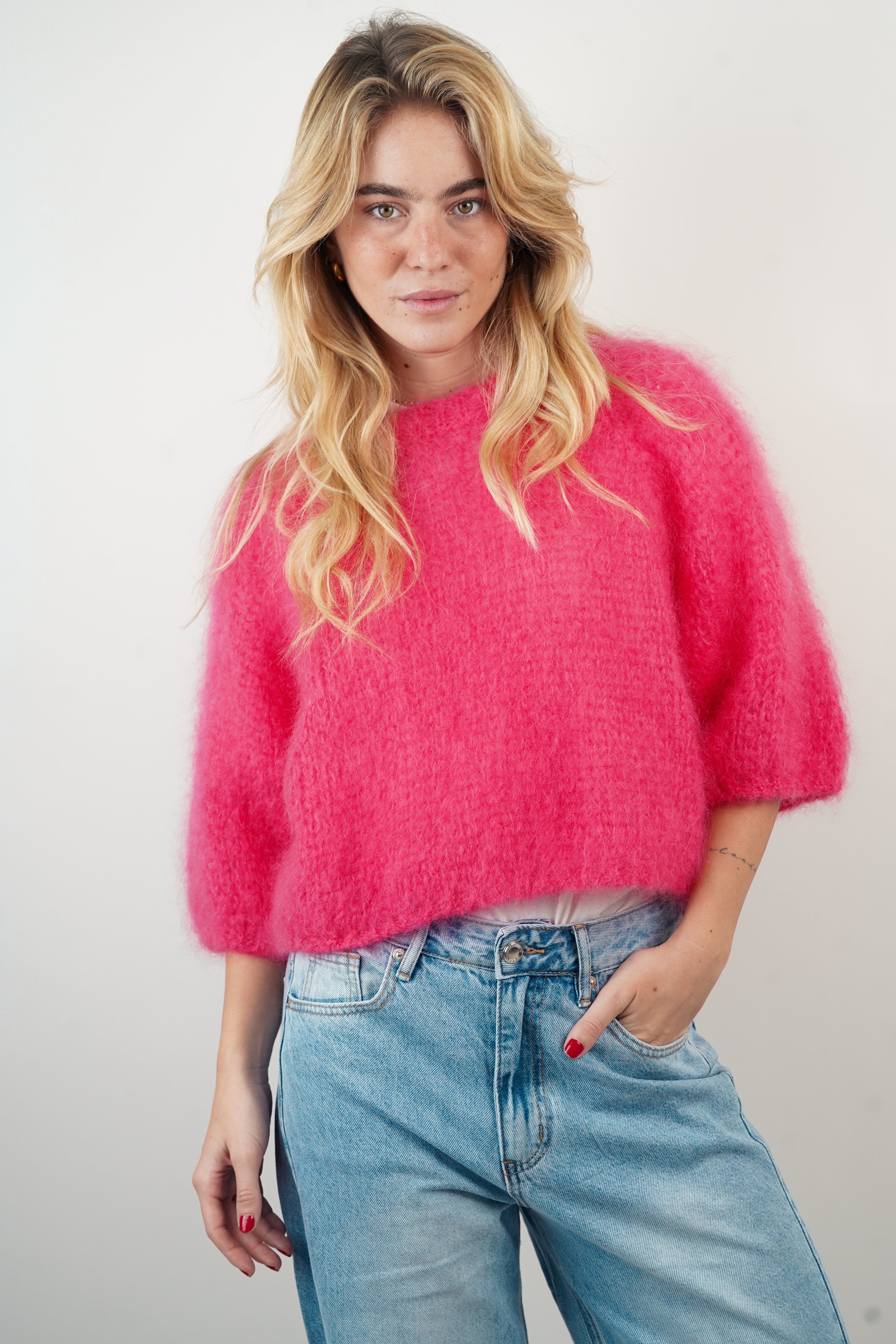 Pull manches courtes 80% mohair fuchsia