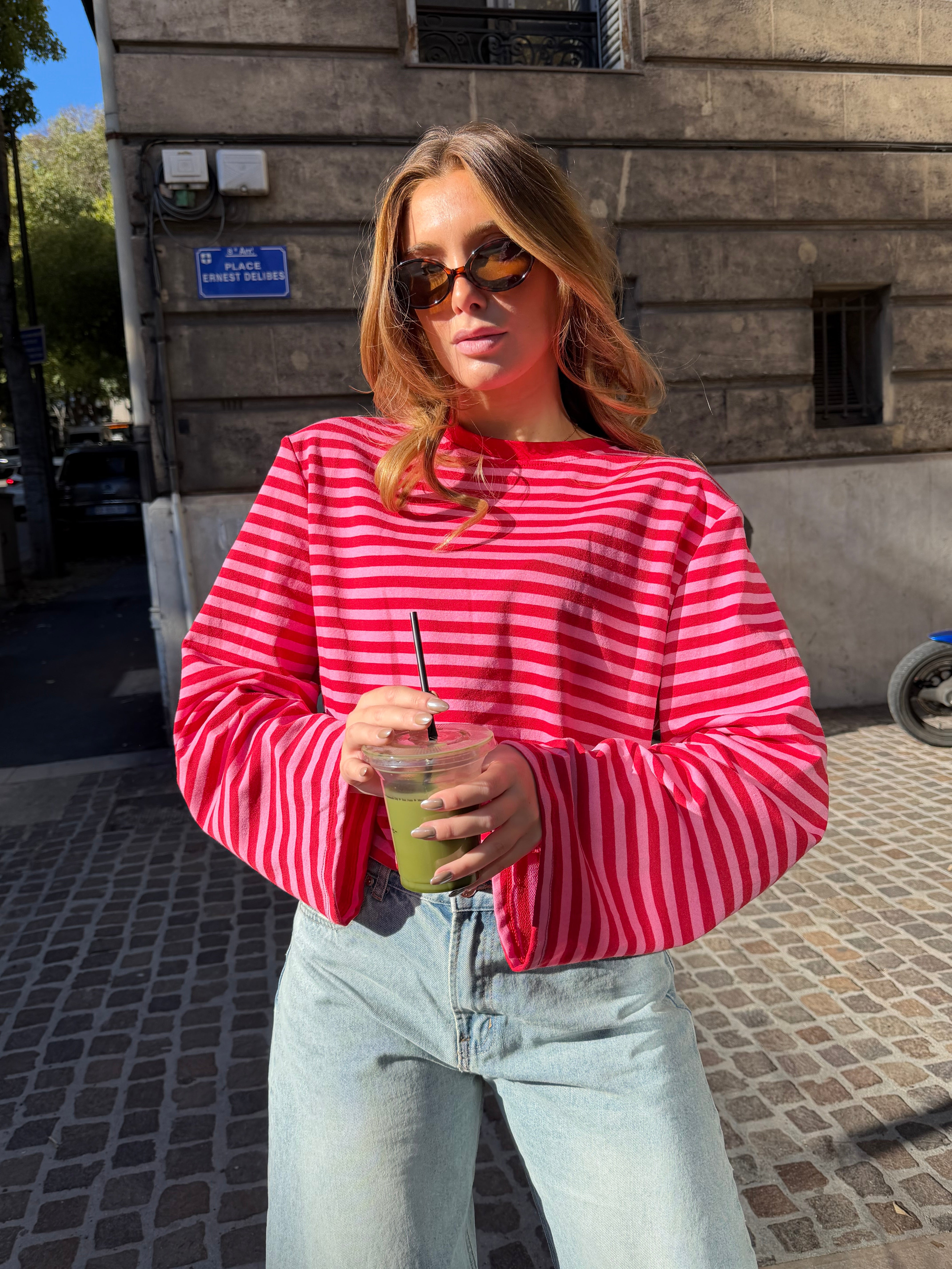 Ilona red and pink t-shirt with shoulder pads